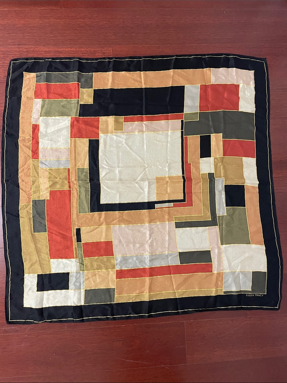 Ellen Tracy Geometric Silk scarf in Black, Cream, Gold & Olive